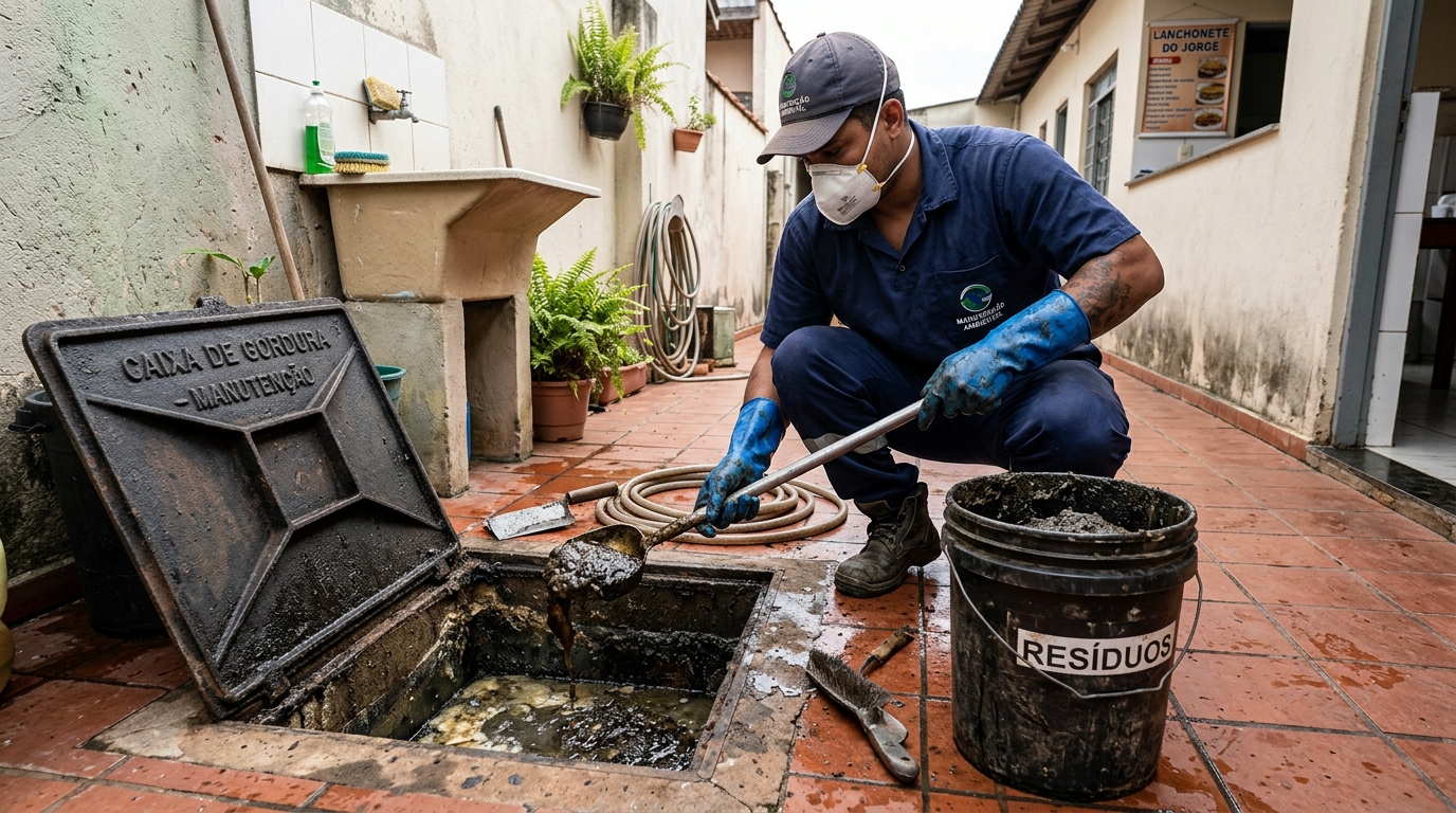 Remoção de resíduos da caixa de gordura em Chapecó‑SC